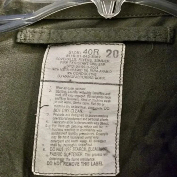 USAF Coveralls Flyers Fire Resistant Summer Men 40 Regular  Sage Green CWU-27/P - Picture 16 of 16